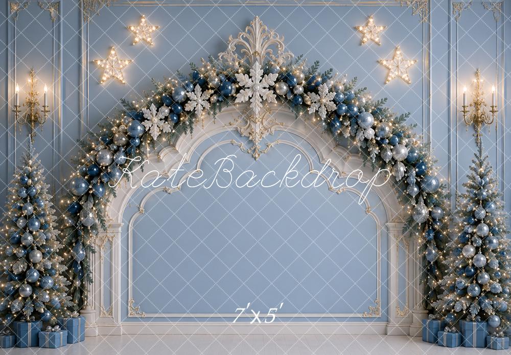 Kate Christmas Headboard Blue Arch Garland Trees Snowflakes Printed Backdrop Designed by Caitlin Lynch