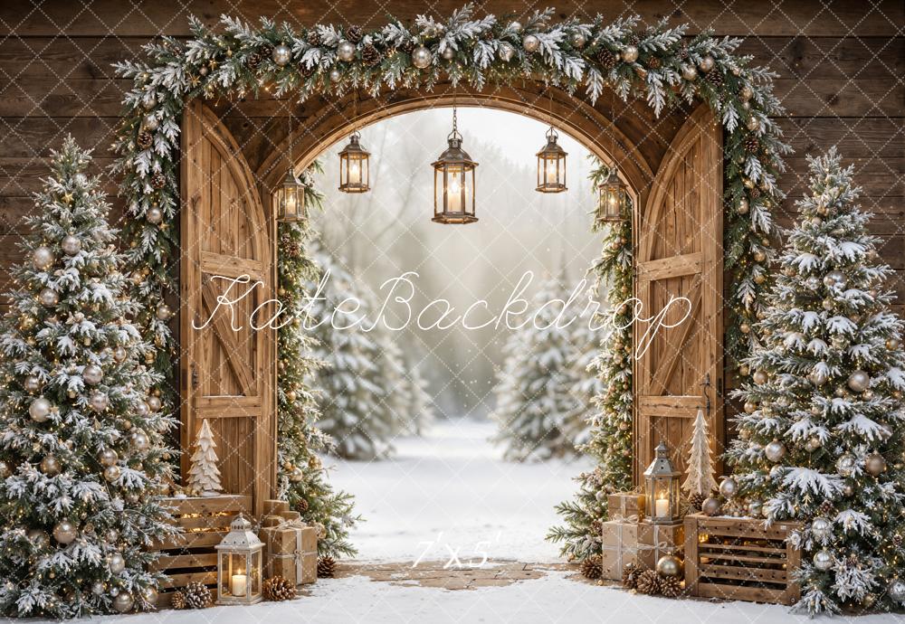 Kate Christmas Rustic Barn Door Snowy Pine Trees Printed Backdrop Designed by Emetselch