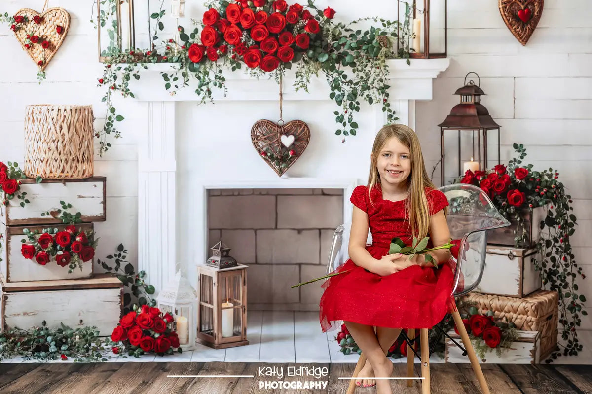 Kate Valentine Roses Rustic Lantern Fireplace Backdrop Designed by Emetselch