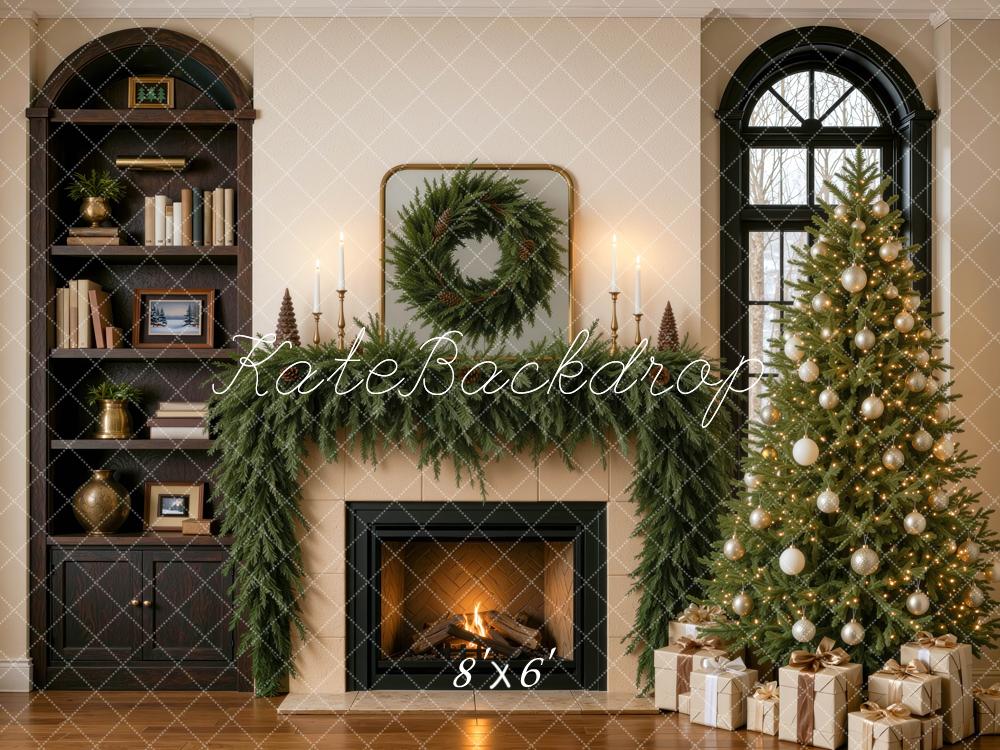 Kate Christmas Tree Bookcase Fireplace Wreath Living Room Printed Backdrop Designed by Mini MakeBelieve