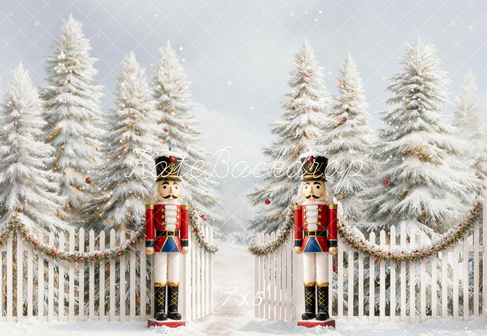 Kate Christmas Nutcracker Snowy Pine Trees White Fence Printed Backdro