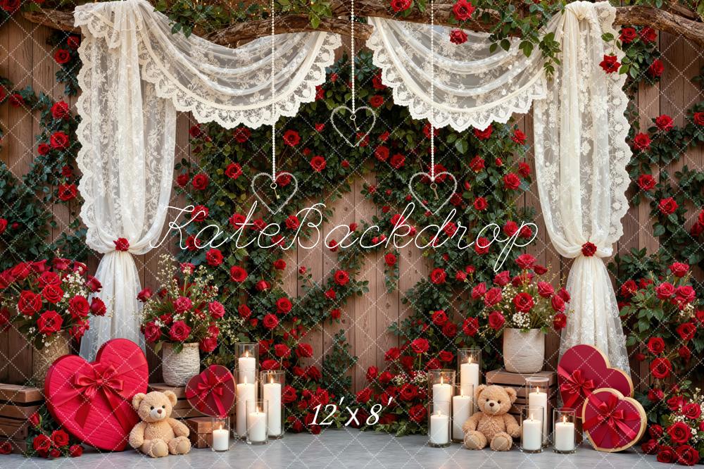 Kate Valentine's Day Lace Curtains Red Rose Heart Teddy Bears Printed Backdrop Designed by Mini MakeBelieve