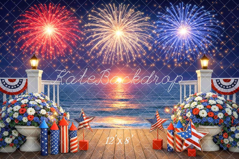 Kate 4th Of July Fireworks Ocean Deck Floral Printed Backdrop Designed by Mini MakeBelieve