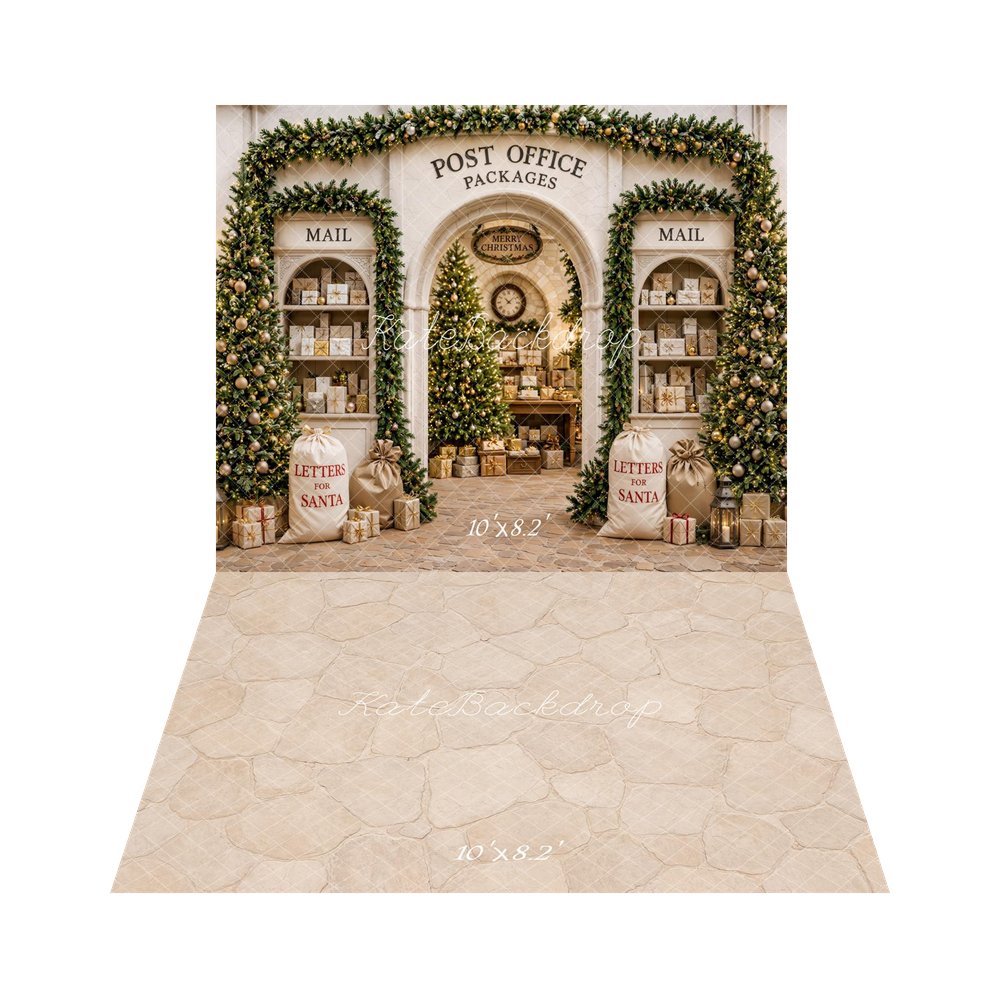 Kate Christmas Post Office Packages Christmas Trees Letters for Santa Printed Backdrop+Beige Cobblestone Floor Printed Backdrop