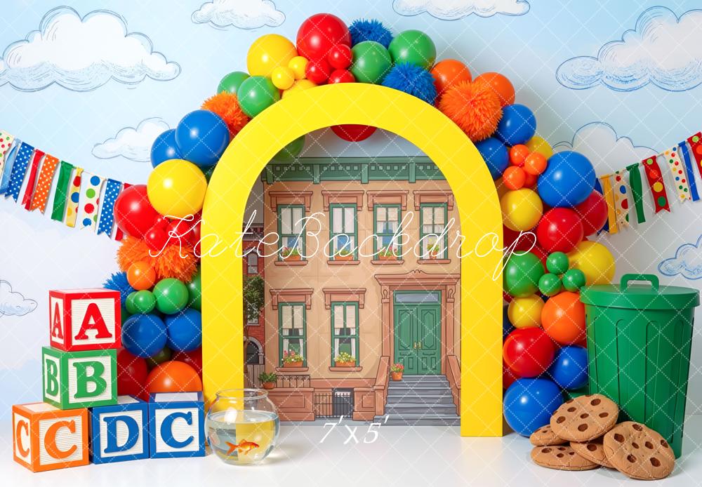 Kate Back to School Rainbow Balloon Arch ABC Blocks Printed Backdrop Designed by Mini MakeBelieve