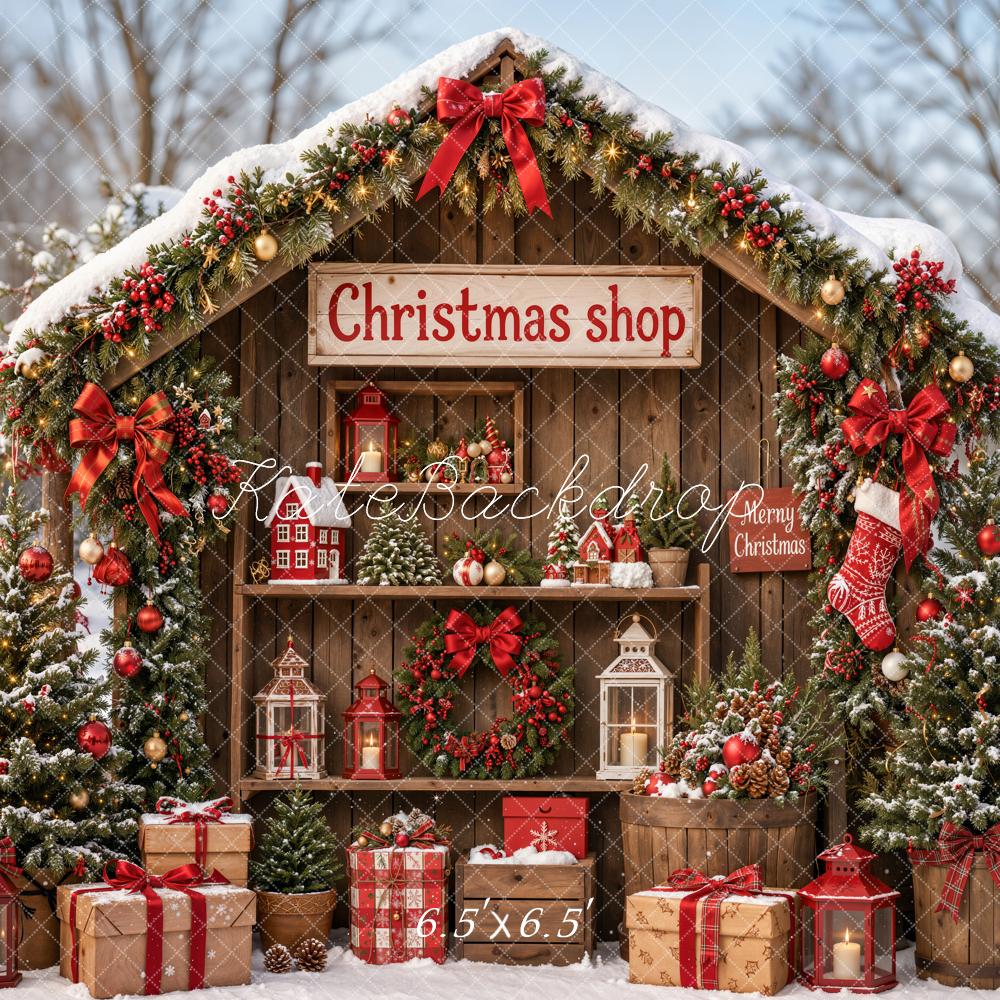 Kate Christmas Shop Rustic Cabin Snowy Trees Gifts Forest Printed Backdrop Designed by Emetselch