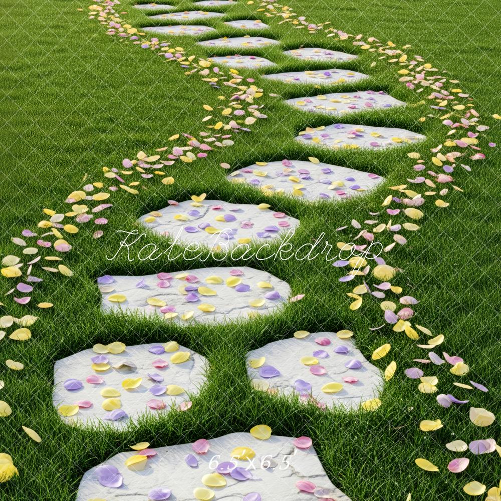 Kate Spring Stone Pathway On Grass With Flower Petals Floor Backdrop Designed by Patty Roberts