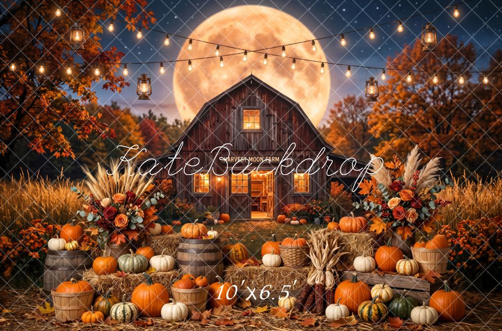 Kate Fall Harvest Barn Pumpkins Full Moon String Lights Printed Backdrop Designed by Patty Roberts
