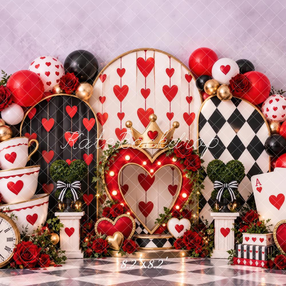Kate Valentine's Day Red Hearts Balloons Roses Checkerboard Printed Backdrop Designed by Laura Bybee