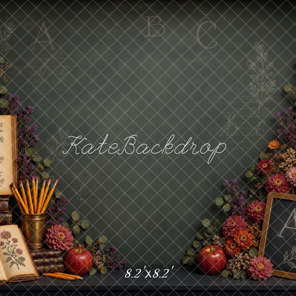 Kate Back to School Chalkboard Books Flowers Apples Printed Backdrop Designed by Ashley Ward