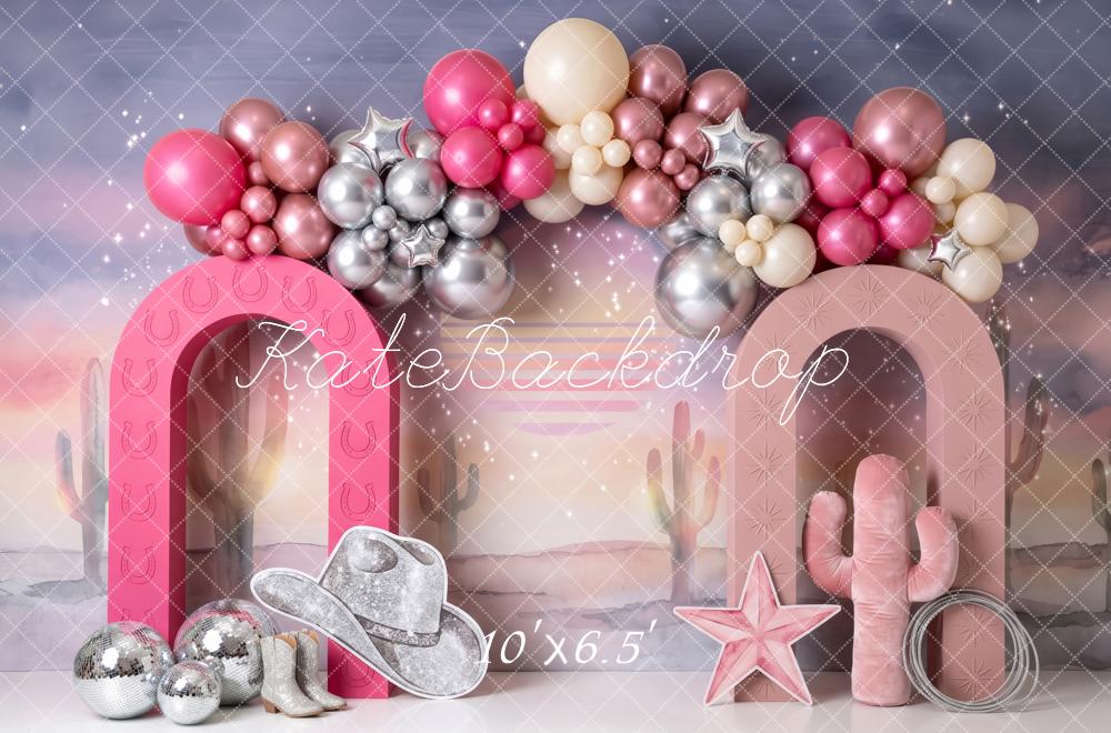 Kate Birthday Pink Western Cowgirl Balloon Arch Printed Backdrop Designed by Patty Roberts