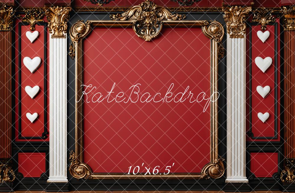 Kate Retro Red Baroque Hearts Columns Gold Frame Wall Backdrop Designed by Emetselch