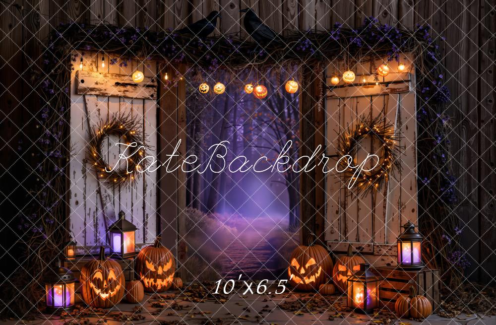 Kate Halloween Night Haunted Barn Doors Jack-o-Lanterns Printed Backdrop Designed by Emetselch