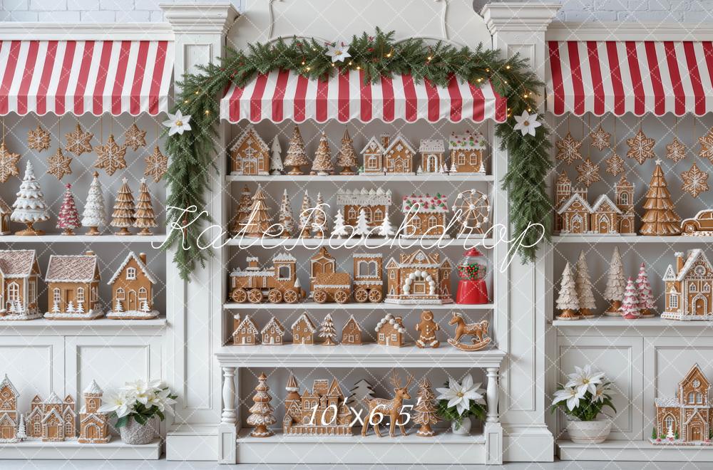 Kate Christmas Gingerbread Baking Storefront Cabinet Red Striped Awning Printed Backdrop Designed by Mini MakeBelieve