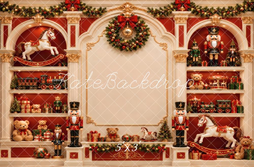 Kate Christmas Nutcracker Toy Train Rocking Horse Red Printed Backdrop Designed by Vertigo Productions