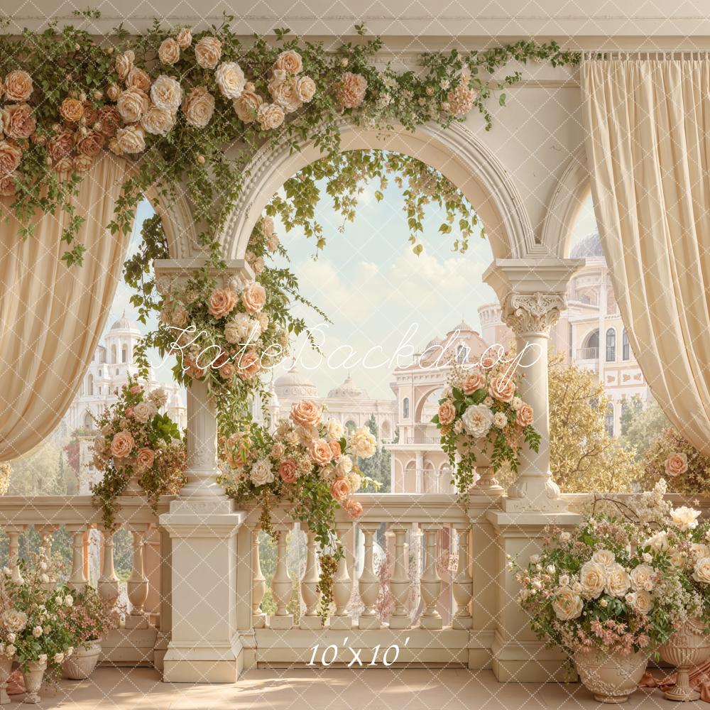 Kate Spring Flower Arch Cream Balcony Floral Drapes Printed Backdrop Designed by Emetselch