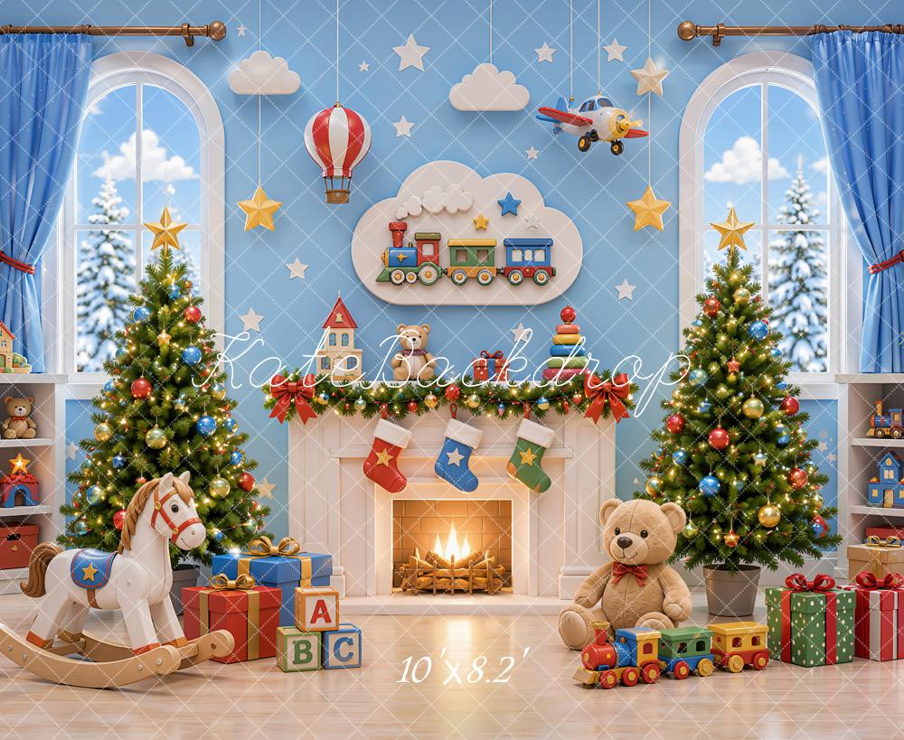 Kate Christmas Toy Room Fireplace Trees Train Rocking Horse Teddy Bear Printed Backdrop Designed by Emetselch