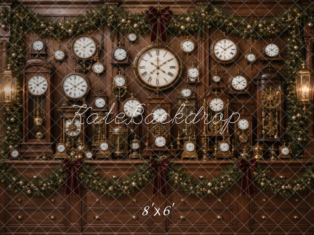 Kate Christmas Vintage Clock Wall Antique Garland Brown Printed Backdrop Designed by Vertigo Productions