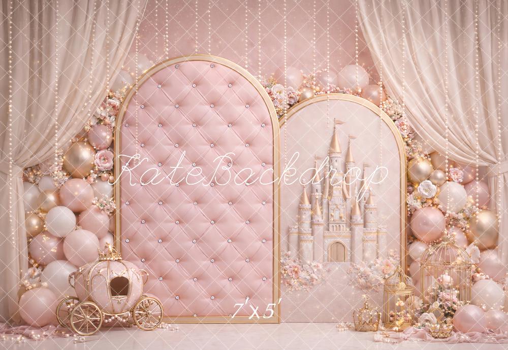 Kate Birthday Fairy Pink Princess Castle Carriage Balloon Printed Backdrop Designed by Ashley Paul