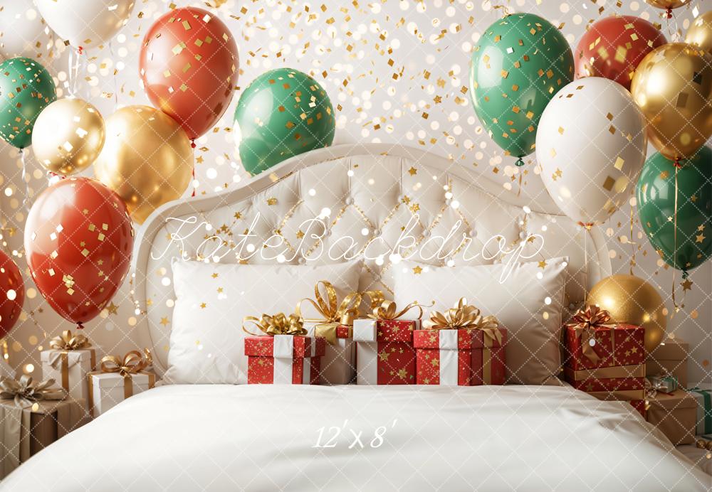 Kate Christmas Headboard Balloons Gift Boxes White Backdrop Designed by Emetselch