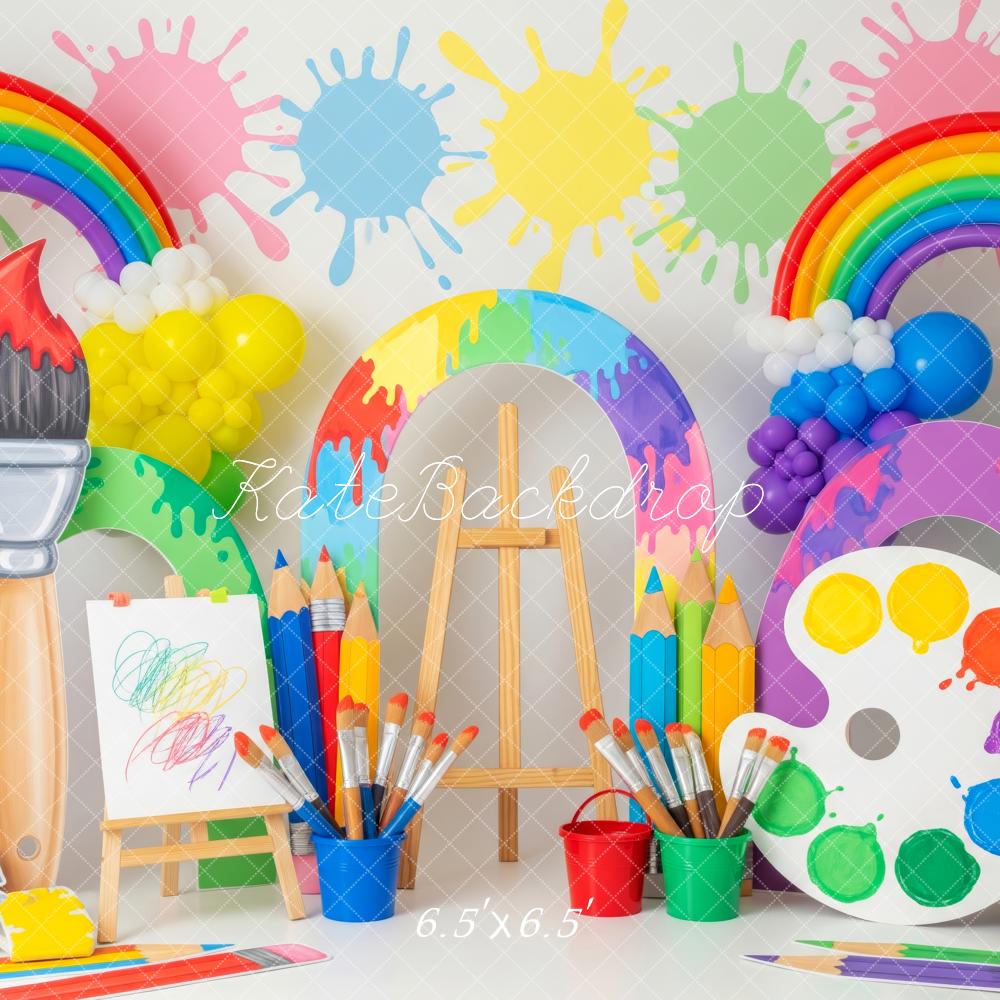 Kate Birthday Rainbow Paint Splatter Art Palette Paintbrush Printed Backdrop Designed by Patty Roberts