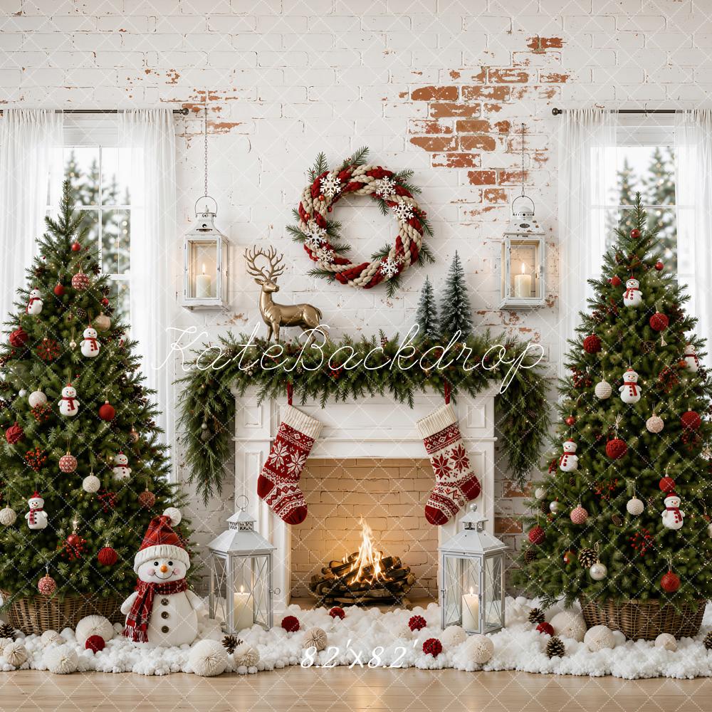 Kate Christmas Trees Fireplace Snowman Reindeer Wreath Vintage Wall Printed Backdrop Designed by Emetselch