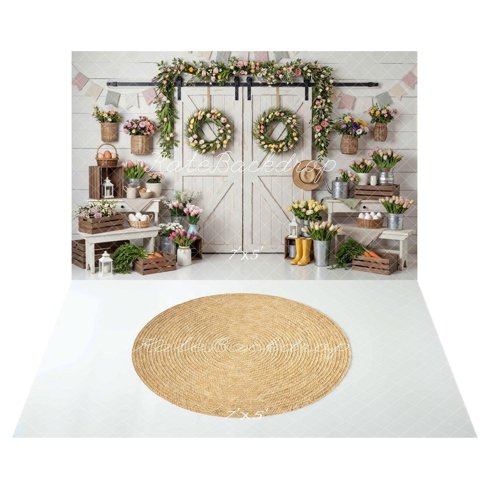 Kate Spring Tulip Wreath Barn Door Backdrop+Round Jute Rug White Diamond Pattern Floor Backdrop
