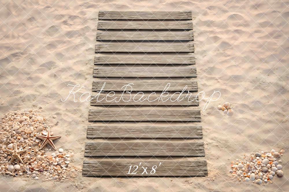 Kate Beach Boardwalk Sand Seashells Starfish Floor Printed Backdrop Designed by Mini MakeBelieve