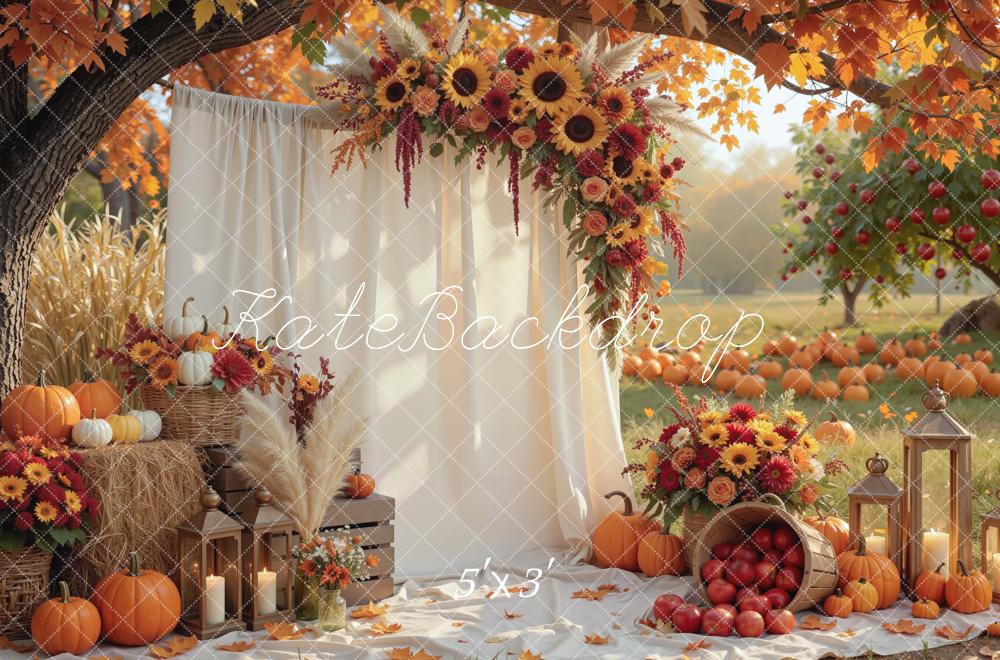 Kate Fall Sunflower Branch Arch Drapes Pumpkins Apples Lanterns Picnic Printed Backdrop Designed by Mini MakeBelieve