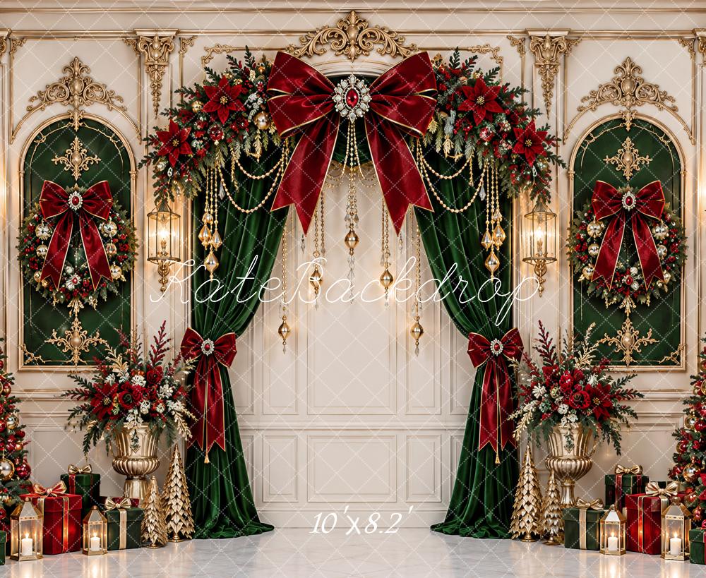 Kate Christmas Opulent Baroque Red Bow Arch Curtains Vintage Printed Backdrop Designed by Ashley Paul