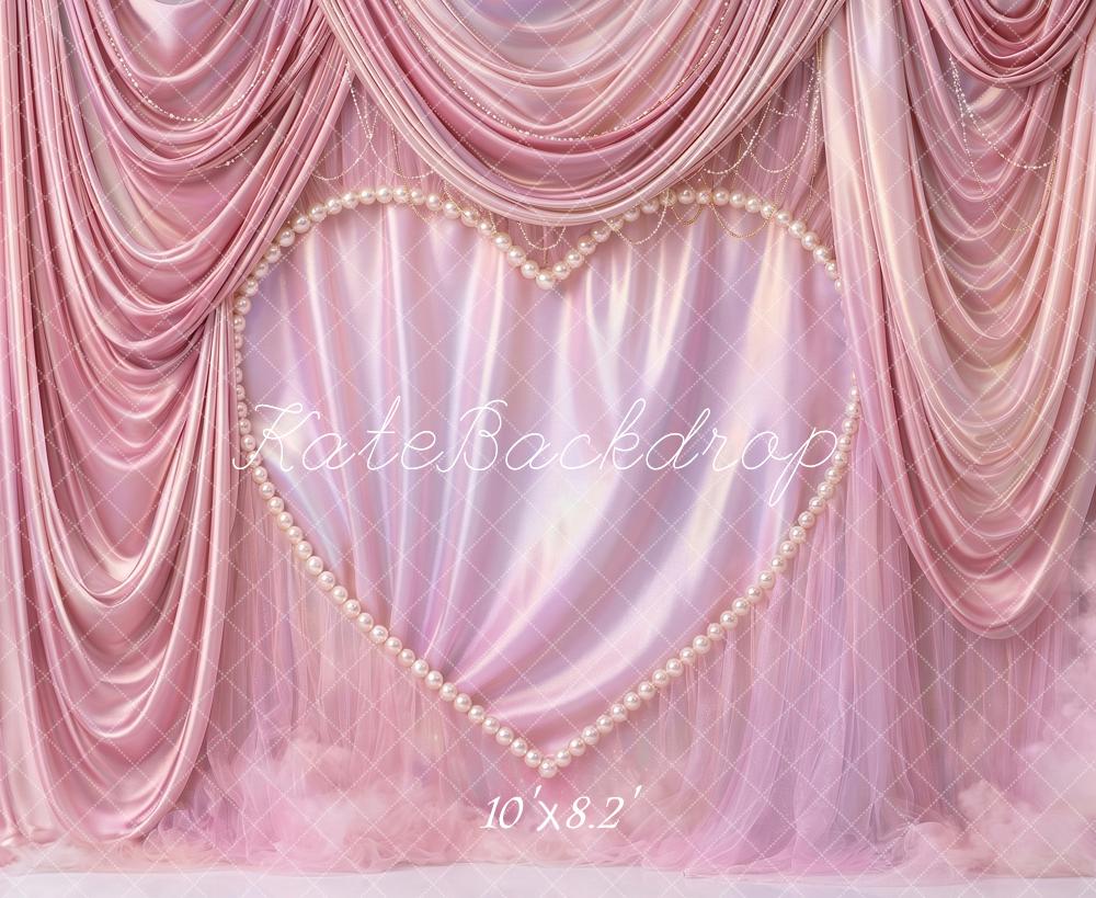 Kate Valentines Romantic Pink Drapes Pearl Heart Printed Backdrop Printed Backdrop Designed by Angela Miller