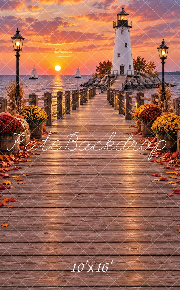 Kate Sweep Fall Lighthouse Boardwalk Ocean Sunset Printed Backdrop Designed by Vertigo Productions