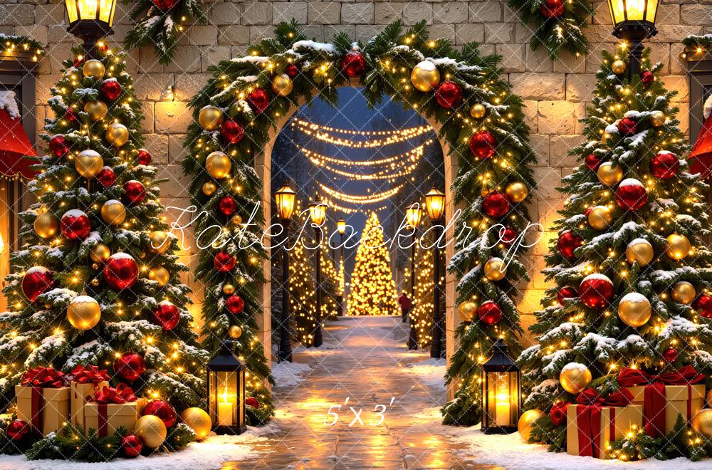 Kate Christmas Tree Archway Snow Ornaments Gifts Lights Printed Backdrop Designed by Mini MakeBelieve