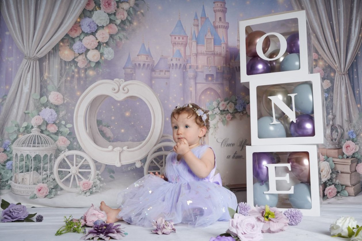 Kate Cake Smash Princess Castle Book Carriage Floral Backdrop Designed by Ashley Paul