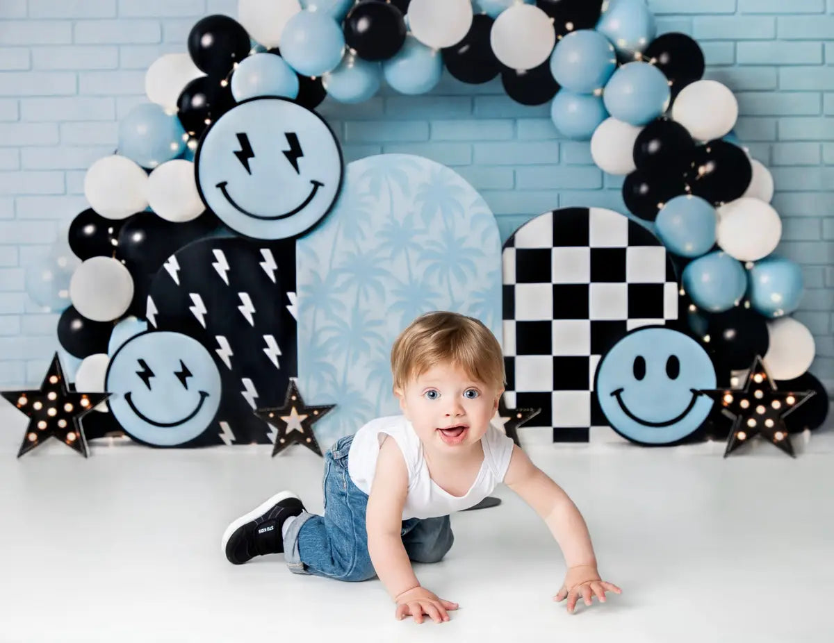 Kate Cake Smash Smiley Blue Balloon Arch Backdrop Designed by Ashley Paul
