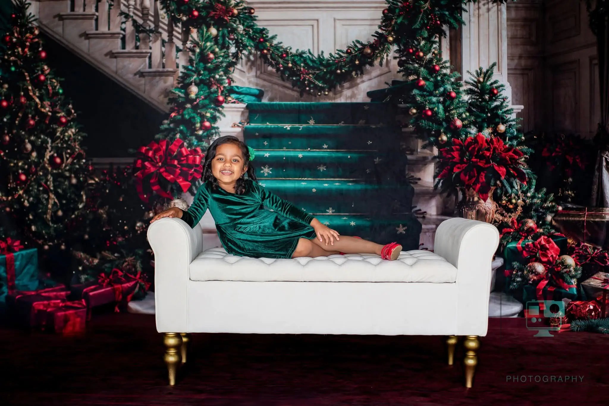 Kate Christmas Retro White Green Marble Staircase Backdrop Designed by Chain Photography