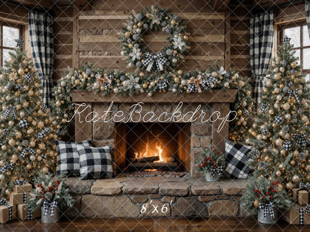 Kate Christmas Stone Fireplace Buffalo Plaid Christmas Tree Wreath Garland Printed Backdrop Designed by Mini MakeBelieve
