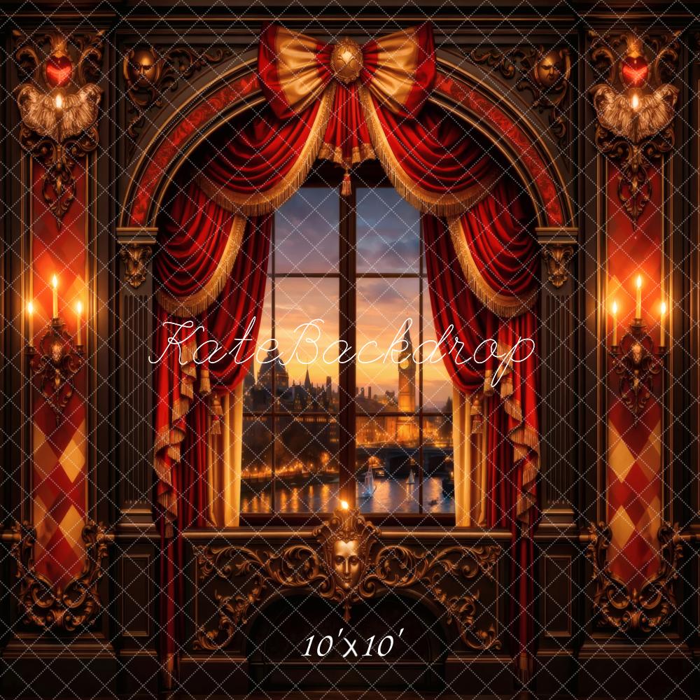 Kate Red Gold Baroque Window Curtains Candlelight Printed Backdrop Designed by Vertigo Productions