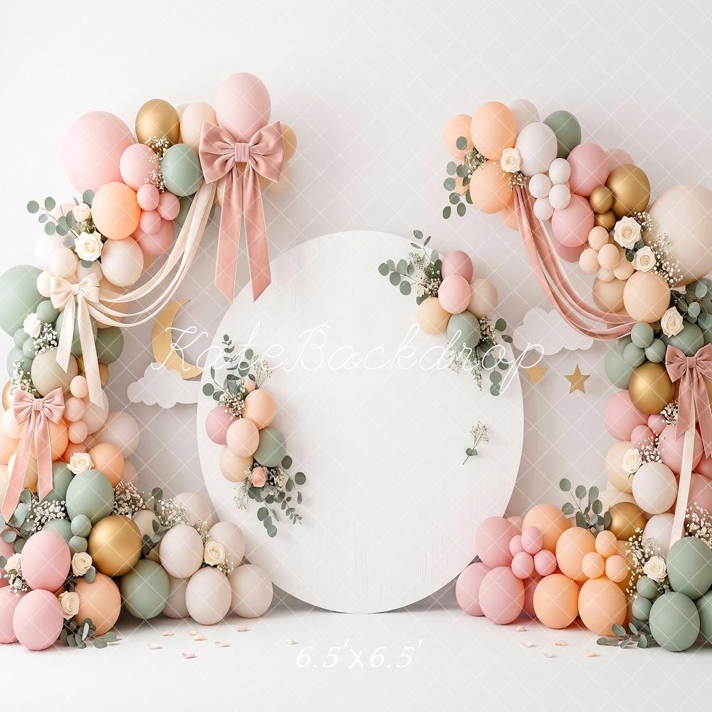 Kate Birthday Pastel Balloon Flower Arch Bow Printed Backdrop Printed Backdrop Designed by Angela Miller