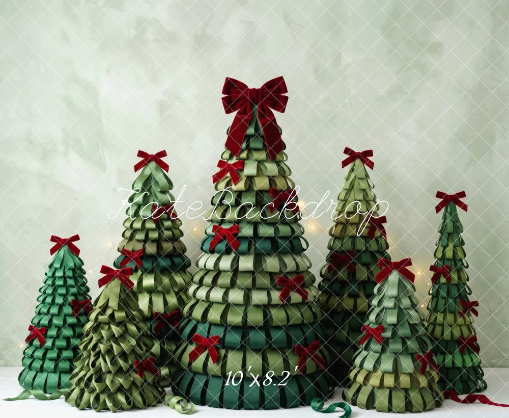 Kate Christmas Green Ribbon Trees Red Bows Printed Backdrop Designed by Patty Roberts