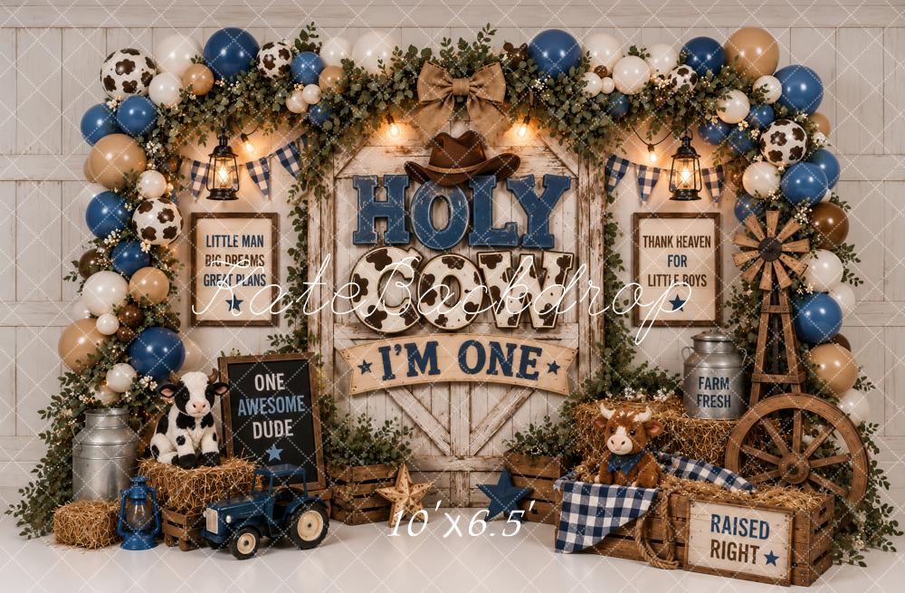 Kate Cake Smash Cowboy Farm First Birthday Balloons Blue Printed Backdrop Designed by Ashley Paul