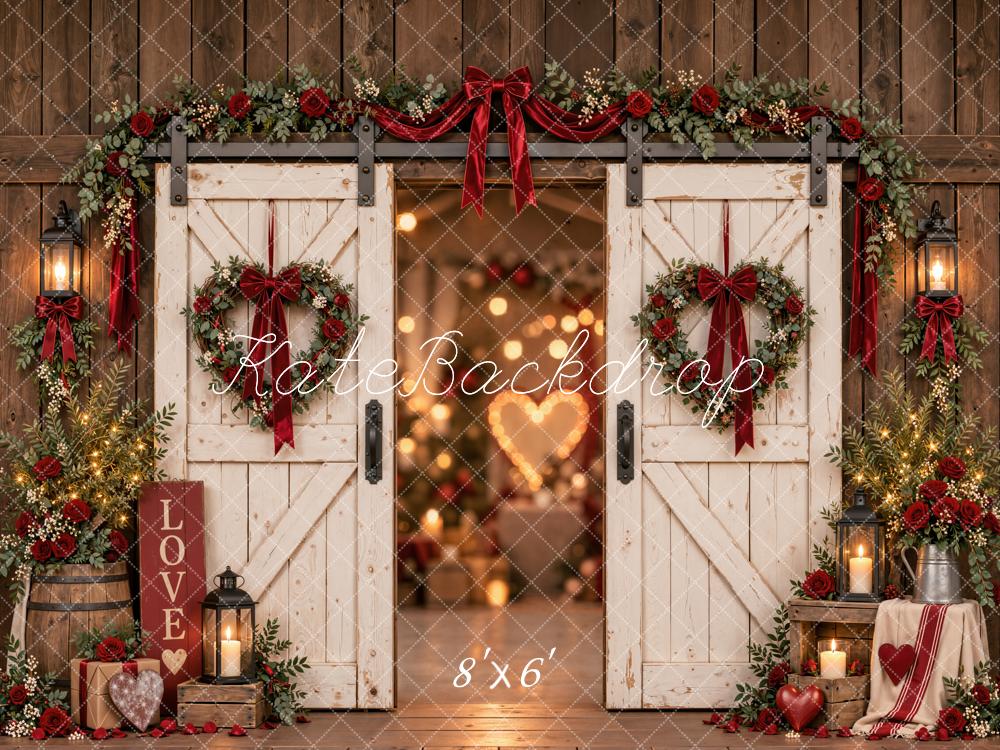 Kate Valentine's Day Rustic Barn Doors Roses Heart Wreath Printed Backdrop Designed by Emetselch