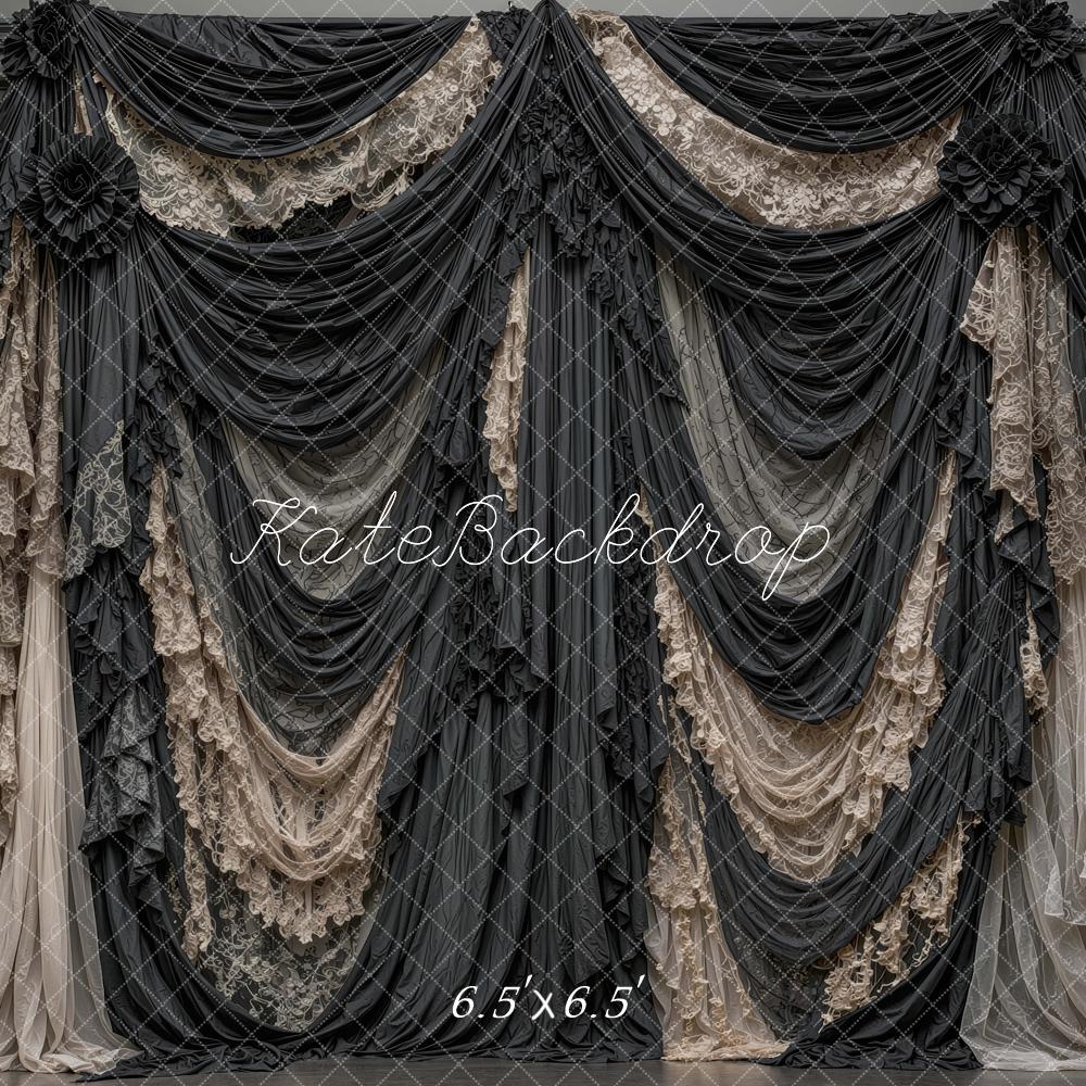 Kate Halloween Black Lace Gothic Draped Curtains Printed Backdrop Designed by Mini MakeBelieve