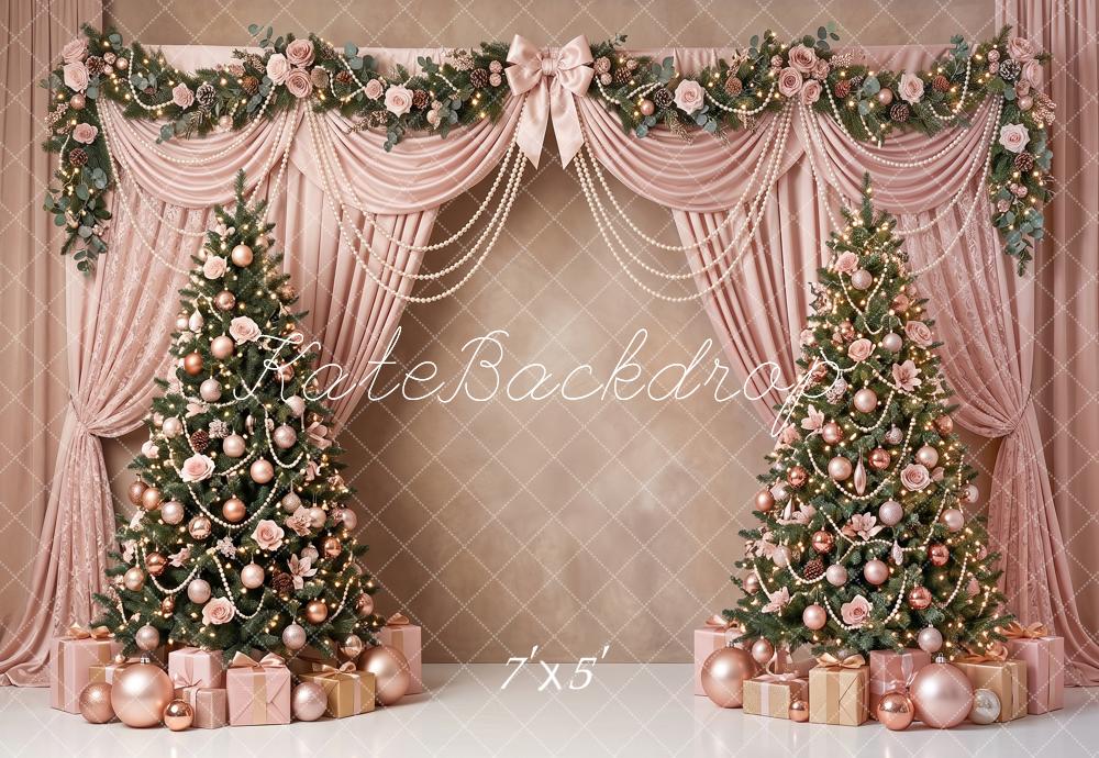 Kate Christmas Trees Pink Drapes Pearl Swags Floral Printed Backdrop Designed by Angela Miller