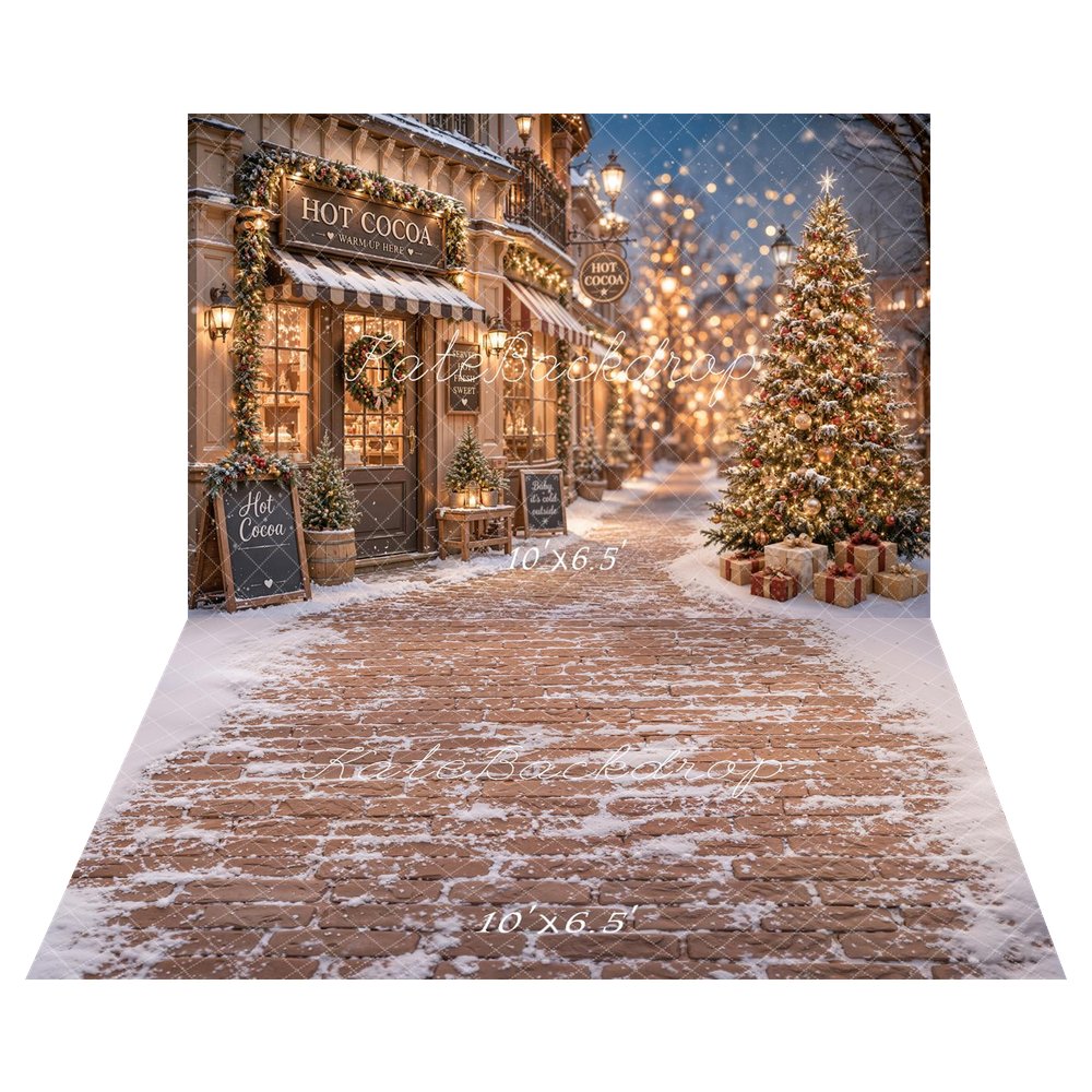 Kate Christmas Hot Cocoa Shop Snowy Street Christmas Tree Printed Backdrop+Snowy Brown Brick Floor Printed Backdrop