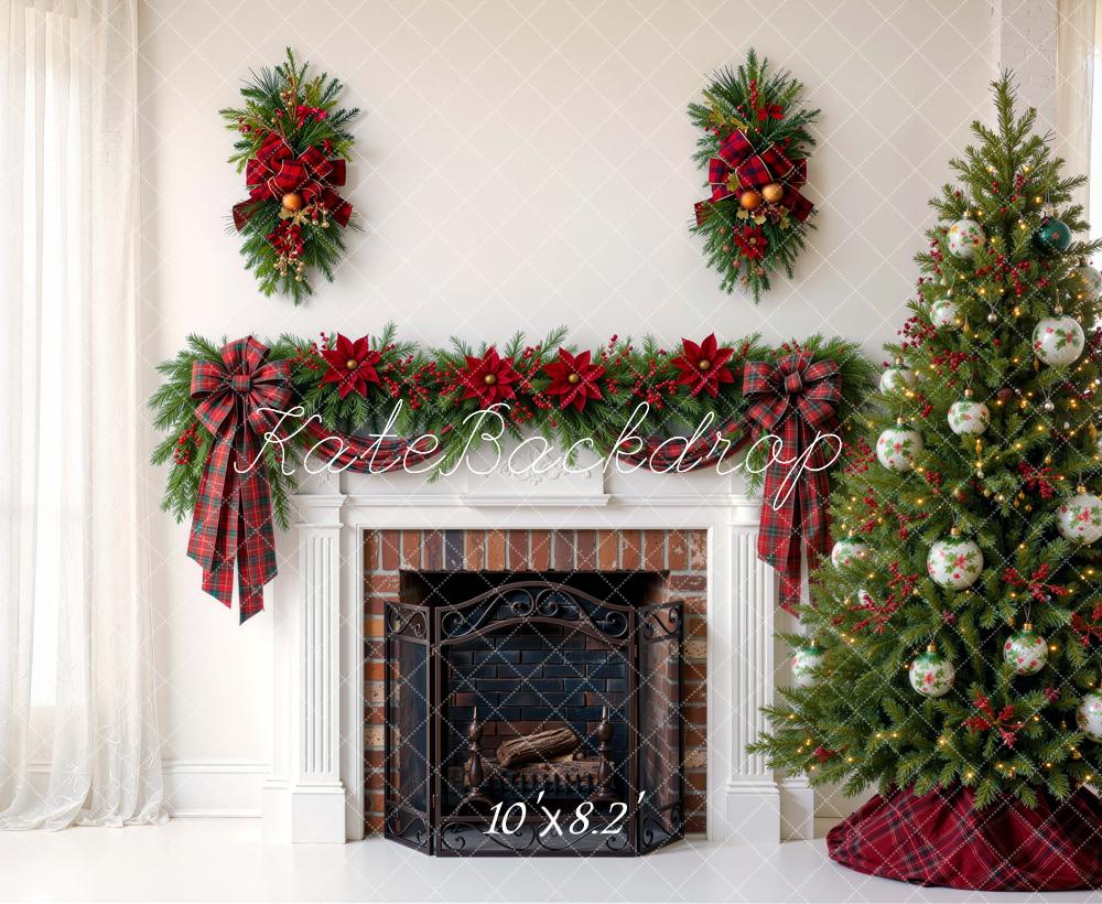 Kate Christmas Living Room Garland Fireplace Tree Red Plaid Bow Printed Backdrop Designed by Mini MakeBelieve