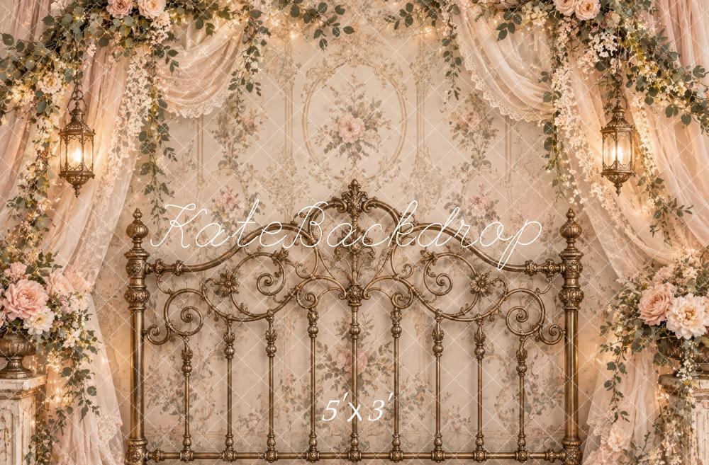 Kate Spring Romantic Brass Headboard Beige Flower Lace Drapes Printed Backdrop Designed by Laura Bybee