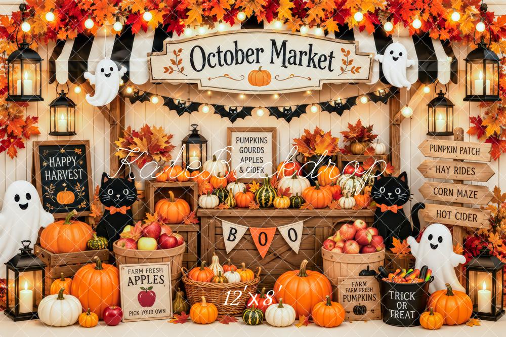 Kate Halloween Market Orange Pumpkin Ghost Cat Kids Printed Backdrop Designed by Patty Roberts