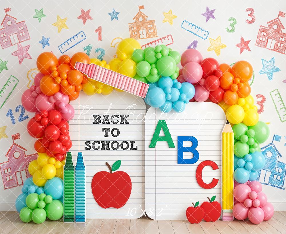Kate Back to School Rainbow Balloons Crayons Apple Notebook Printed Backdrop Designed by Emetselch