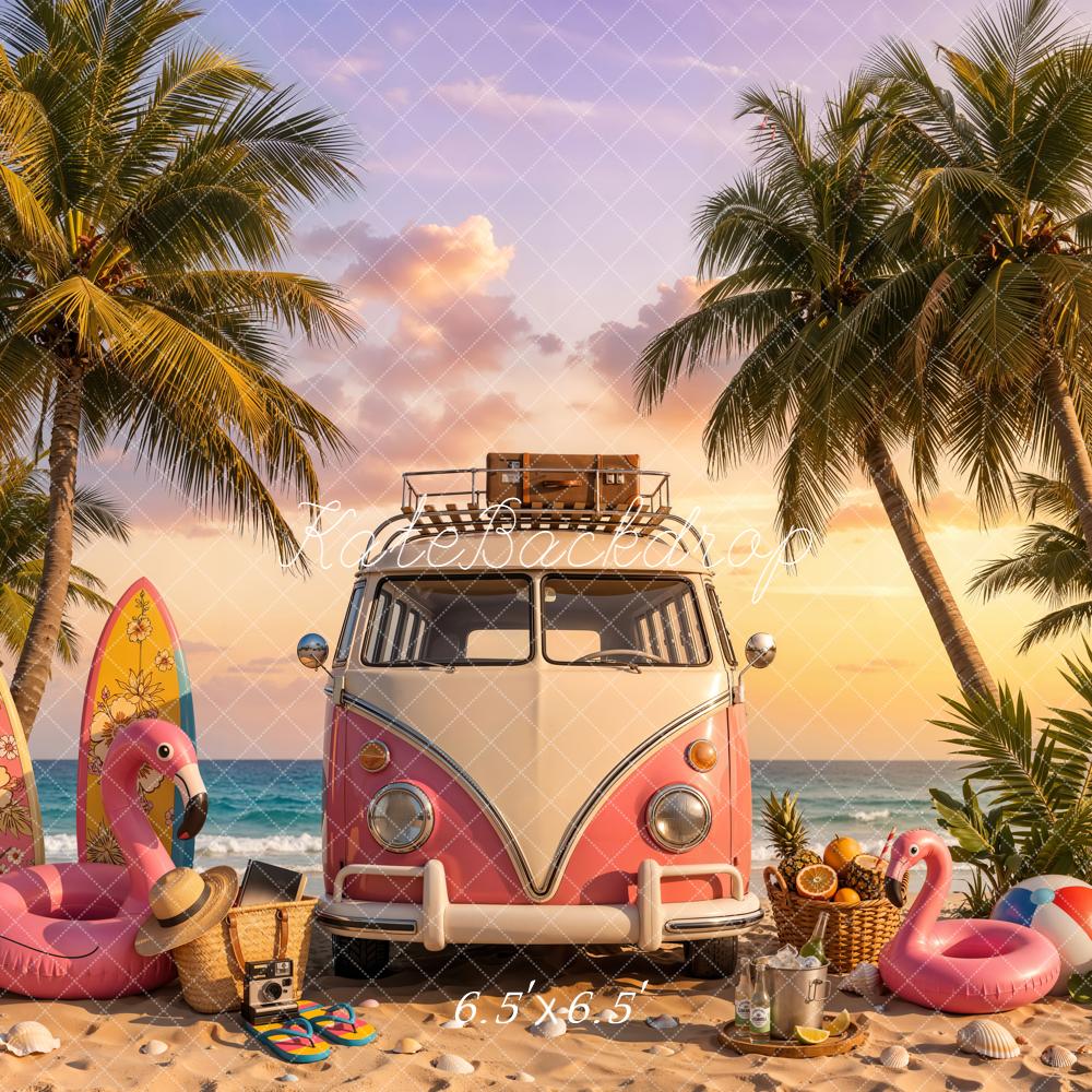 Kate Summer Beach Pink Truck Palm Trees Surfboards Flamingo Printed Backdrop Designed by Chain Photography
